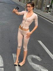 Lace Trim Button Front Cropped Top And Capri Pants Set