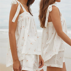 White Printed Tie Shoulder Top And Shorts Lounge Set