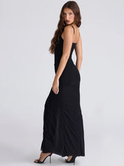 Black Spaghetti Strap Draped Slit Maxi Dress