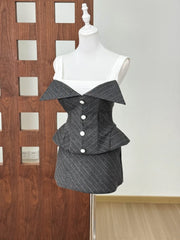 Grey Stripe Patchwork Buttons Lace-up Top And Mini Skirt Set