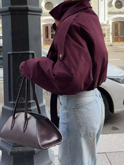 Red Stand Collar Long Sleeve Zipper Cover Short Jacket