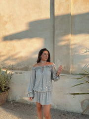 Grey Off Shoulder Ruffle Sequin  Drawstring Waist Mini Dress