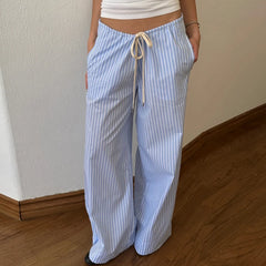 Striped Pattern Loose Drawstring Wide Leg Pants