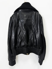 Black Pu Leather Gold Button Zip Collar Jacket