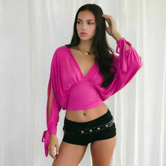 V-Neck Slit Tied-up Long Sleeve Waist Cinched Top
