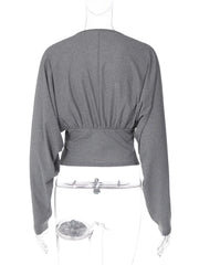 Grey Deep V-neck Batwing Sleeve Crop Top