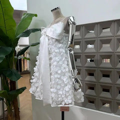 White Bow Tie Sequin 3D Floral Mini Dress