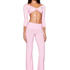 Pink Knitted Twisted Long Sleeve Cropped Top and Flared Pants Bow Set