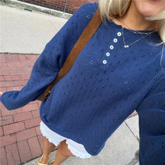 Eyelet Knit Pullover Button Long Sleeve Top