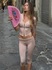 Lace Trim Button Front Cropped Top And Capri Pants Set