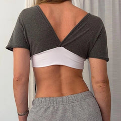 Grey Colour Block Deep V-Neck Short Sleeve Crop Top