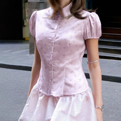 Pink Floral Print Puff Short Sleeve Button Down Top