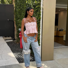 Lace Embroidered Square Neck Sheer Crop Top And Wide Pants Set