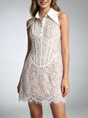Lace Sleeveless Button Up Mini Dress