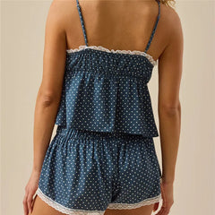 Blue Polka Dot V-Neck Lace Trim Cami Top and Shorts Loungewear Set