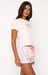Bow Print Short Sleeve T-Shirt and Elastic Shorts Pajamas Set