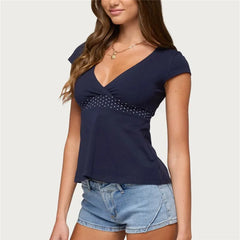 Polka Dot Waist Band V-Neck Cap Sleeve T-Shirt