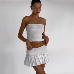 Fashion White Mini Skirt Suit Women's Sexy Sleeveless Strapless Navel Top Ruched Skirt Summer New Outfits - Free From Label