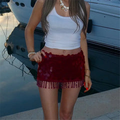 Red Tassels Sequins Mini Skirt