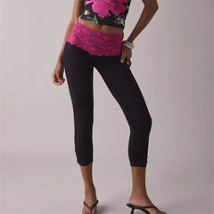 High Waist Capri Leggings With Pink Lace Waistband