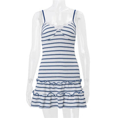 Blue Spaghetti Strap Striped Ruffle Hem Mini Dress