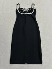 Spaghetti Strap Front Cut Out Diamond Beading Midi Bandage Dress
