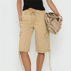 Low Waist Cargo Drawstring Knee Length Pants with Pockets