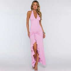 Halter Knot Waist Ruffle Hem Midi Dress