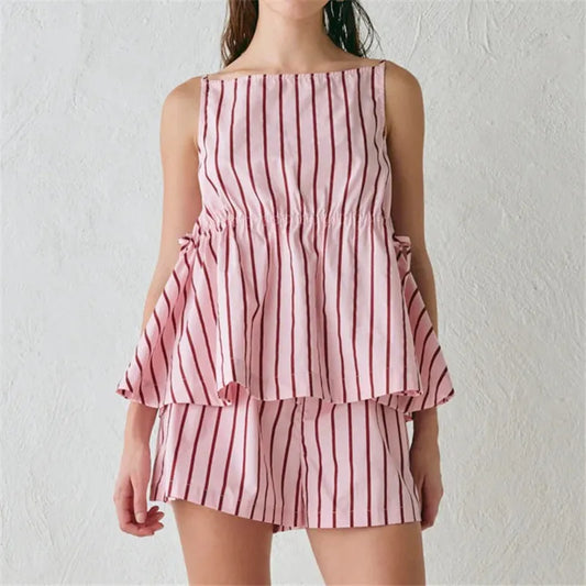 Pink Striped Babydoll Tank Tops and Boxer Shorts Set
