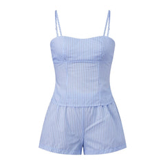 Striped Spaghetti Strap Lace Up Top And Elastic Waist Shorts Lounge Set
