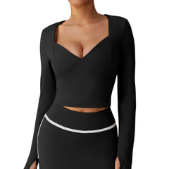 Black long-sleeve top with a deep neckline 