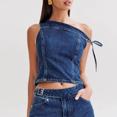 Denim One Shoulder Tie-up Top