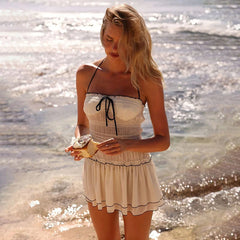 White Mesh Halter Strapless Pleated Mini Dress