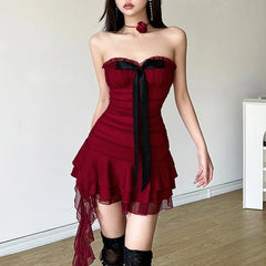 Strapless Bow Spliced Bra Skirt Mesh Folded Ribbon Mini Dress