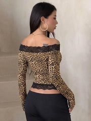 Off Shoulder Leopard Print Lace Patchwork Top