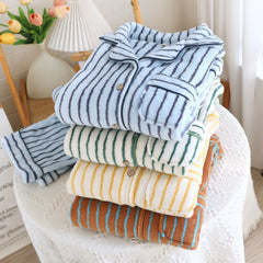 Fuzzy Stripe Button Down Long Sleeve Shirt And Pants Pj Set