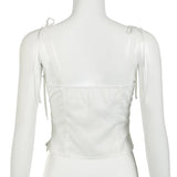 Lace Strap Folds Buttons White Square Collar Camisole Top