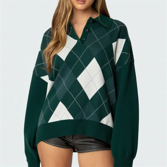 Argyle Button-up Knit Sweater