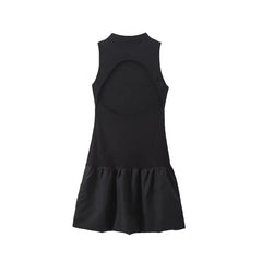 Black Stand Collar Sleeveless Open Back Mini Dress