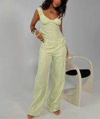Green Striped Sleeveless Top And Wide Leg Pants Set