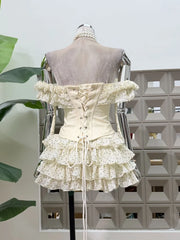 Off-shoulder Frill Rose Corset Top And Polka Dot Ruffle Mini Sirt Set