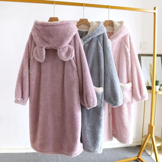 Plush Hooded Flannel Bathrobe Nighgown