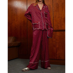 Striped Satin Button Down Long Sleeve Top and Pants Loungewear Set