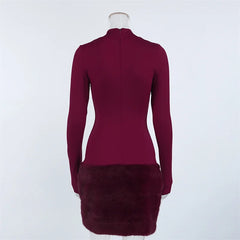 Red Turtleneck Long Sleeve Fur Patchwork Mini Dress