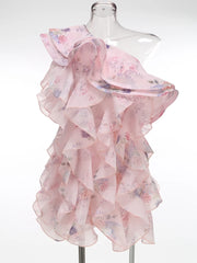 Pink Printed One Shoulder Multi-layered Ruffles Mini Dress