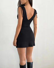 Black V-Neck Tie Shoulder Sleeveless Mini Dress