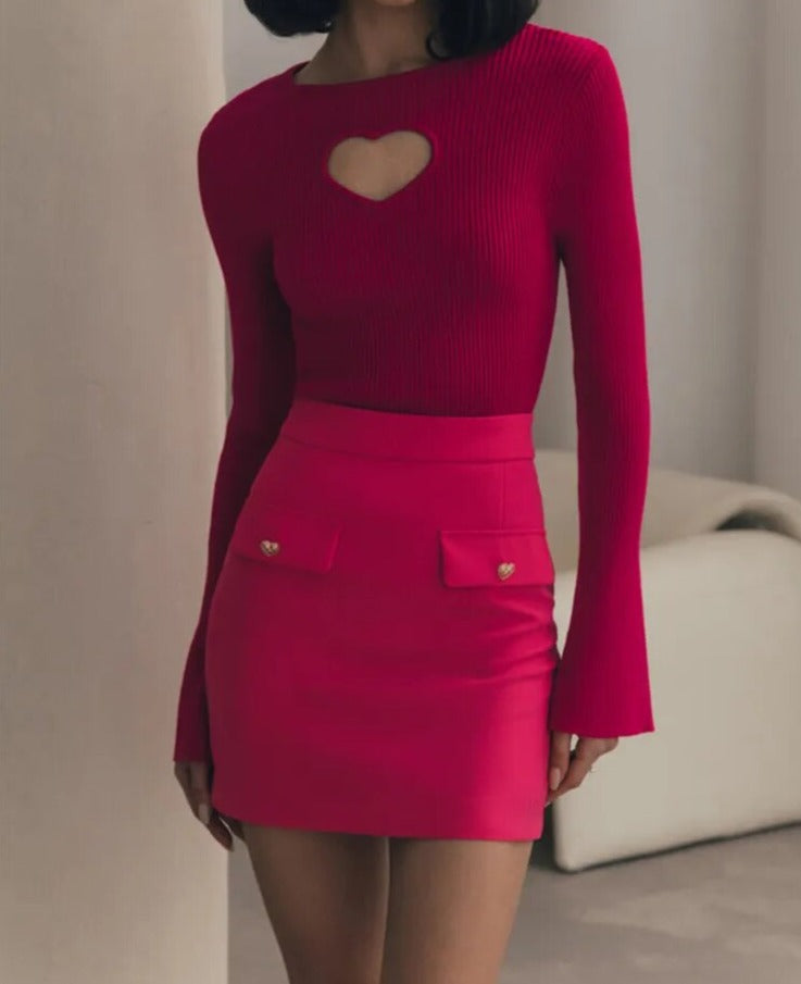 Ribbed Heart Cut Out Long Sleeve Top