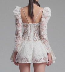 White Lace Flare Sleeve Corset Frill Mini Dress