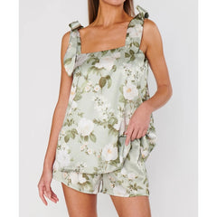Floral Satin Bow-Tied Tank Top and Elastic Shorts Loungewear Set