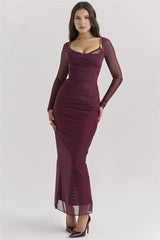 Burgundy Sheer Long Sleeve Bodycon Maxi Dress Free From Label